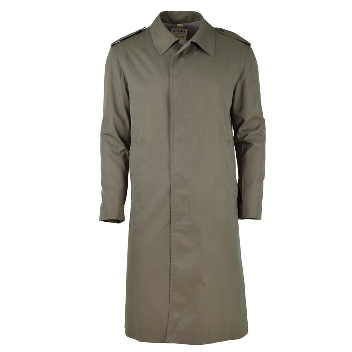 Vintage olivgrön fransk militär vattentät trenchcoat med full längd och stängning med stormflik framtill