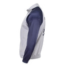 Side view of genuine French military school sweatshirt with grey body and navy blue sleeves, elastic cuffs and waistband