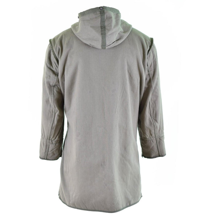 Back view of a genuine German army parka military surplus long coat with a hood and winter lining.