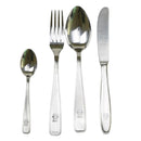 German military stainless steel cutlery set including teaspoon, fork, soup spoon, and knife with BWu markings