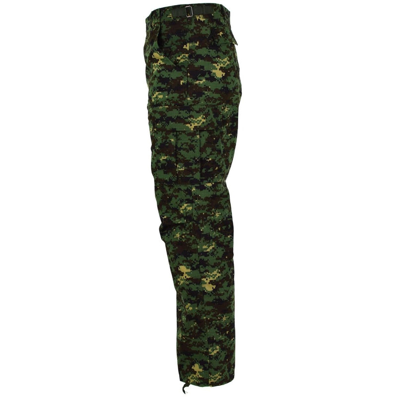 Side view of genuine Guinea Bissau military jungle camouflage ripstop pants with reinforced knees and adjustable cuffs.