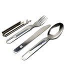 Hungarian army 4-piece stainless steel cutlery set with fork, knife, spoon, and can opener in compact holder.