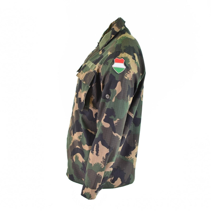 Side view of Genuine Hungarian Army m90 four-color camouflage long sleeve military shirt with patch on sleeve