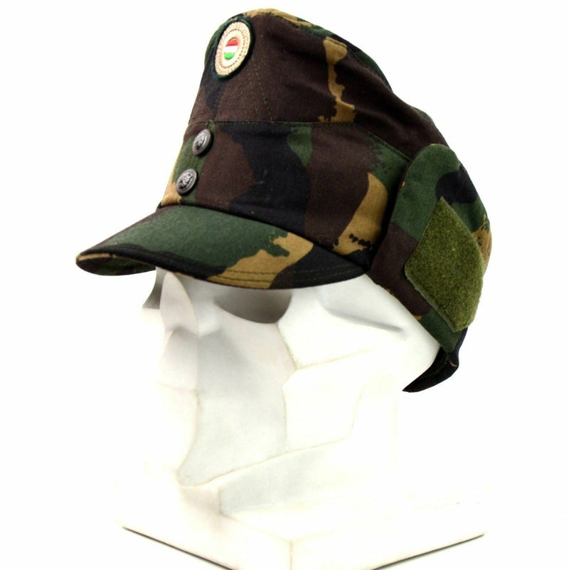 Hungarian camo winter military field cap with neck flap and national flag badge on front panel