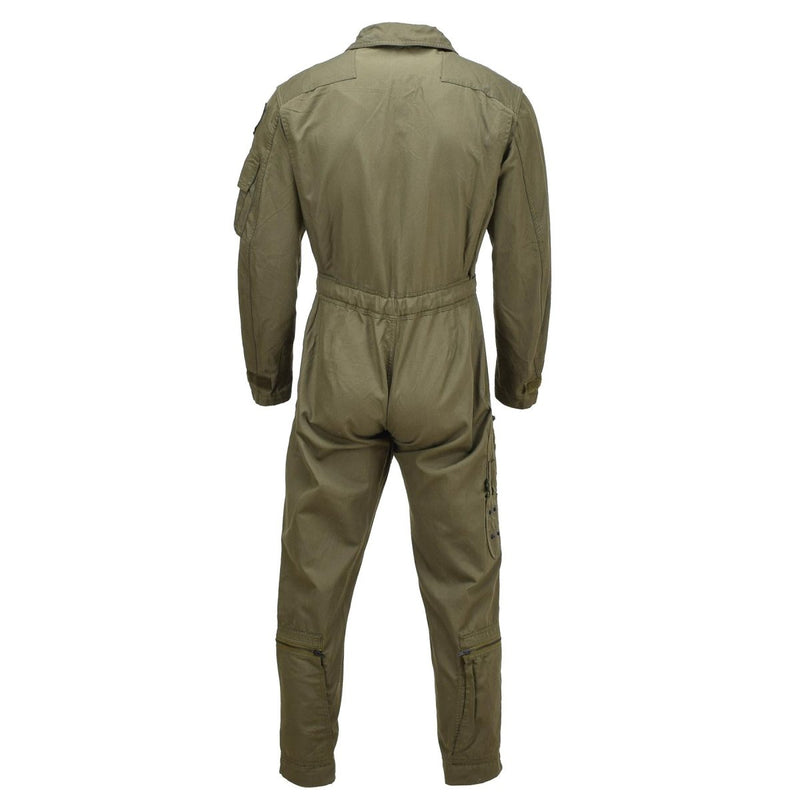 Back view of genuine Italian army olive flight suit coverall made from durable aramid material with adjustable waist