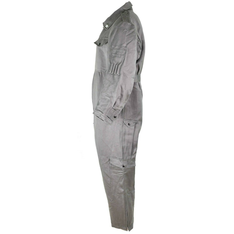 Side view of genuine Italian army military grey coverall suit with zip-front and multiple pockets design