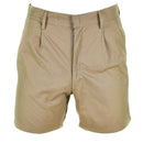 Genuine Italian khaki military shorts with zippered front, belt loops, and durable breathable fabric for outdoor and casual wear