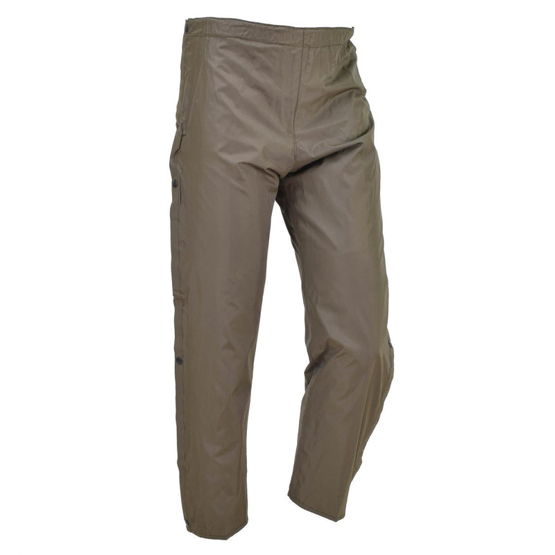 Genuine Italian military air forces waterproof rain pants in olive drab with thermal lining and side leg openings.