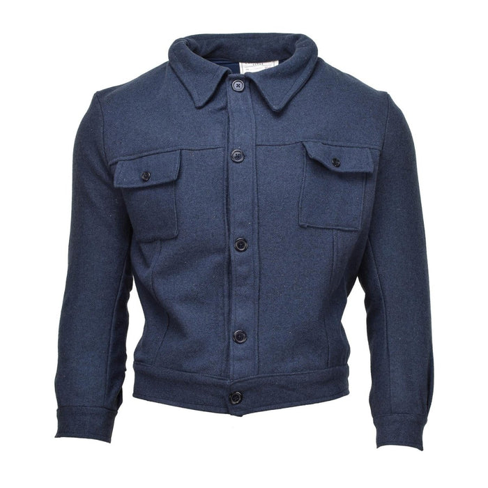 Vintage äkta italiensk militärull gabardinjacka i blått med knappstängning och bröstfickor, robust och slitstark design.