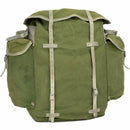 Vintage Norwegian military green canvas backpack with leather straps and metal frame rugged outdoor rucksack pack
