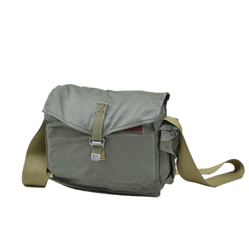 Vintage Polish army gas mask bag in olive canvas with metal buckle and adjustable shoulder strap