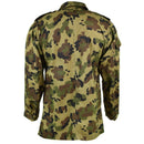 Back view of genuine Romanian army M93 camo leaf field jacket with adjustable cuffs and durable fabric design.