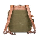 Genuine Romanian army rucksack made of olive drab canvas with brown leather shoulder straps and secure buckles.