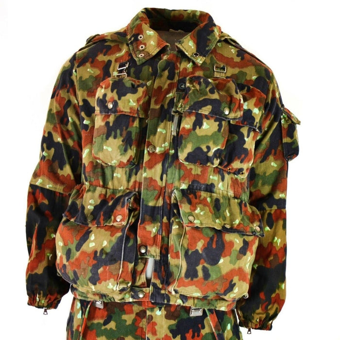 Vintage Swiss army M70 Alpenflage camo sniper hooded parka with multiple pockets and adjustable fit