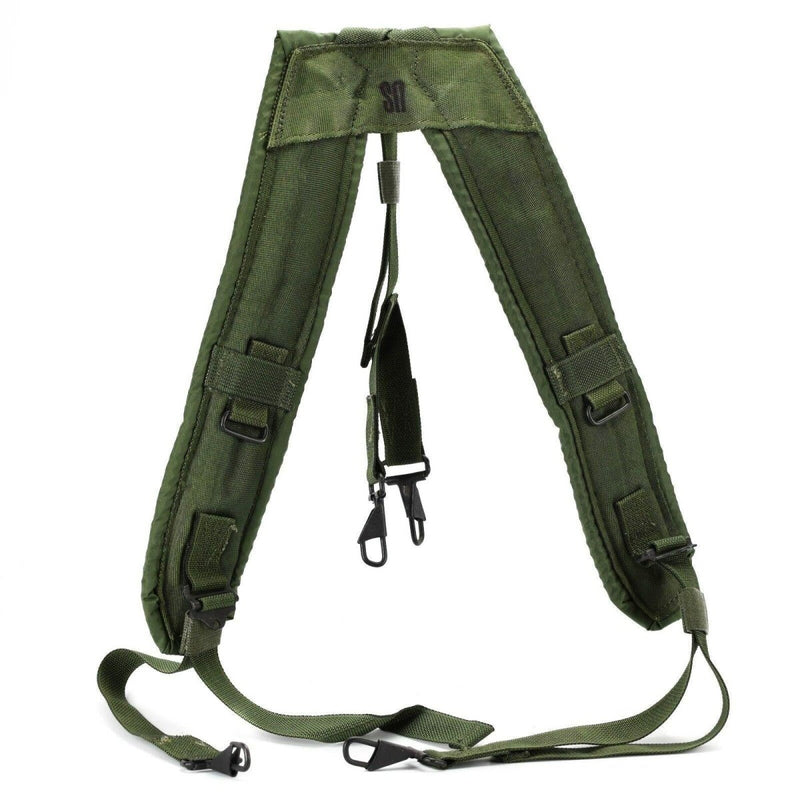 Genuine US Army LC-2 military belt suspenders in olive green with padded straps and ALICE attachment clips for heavy load support.