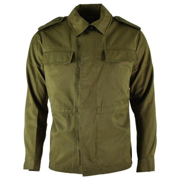 Vintage Czech army M85 field jacket in olive green with button-up front and multiple pockets, made of durable fabric.