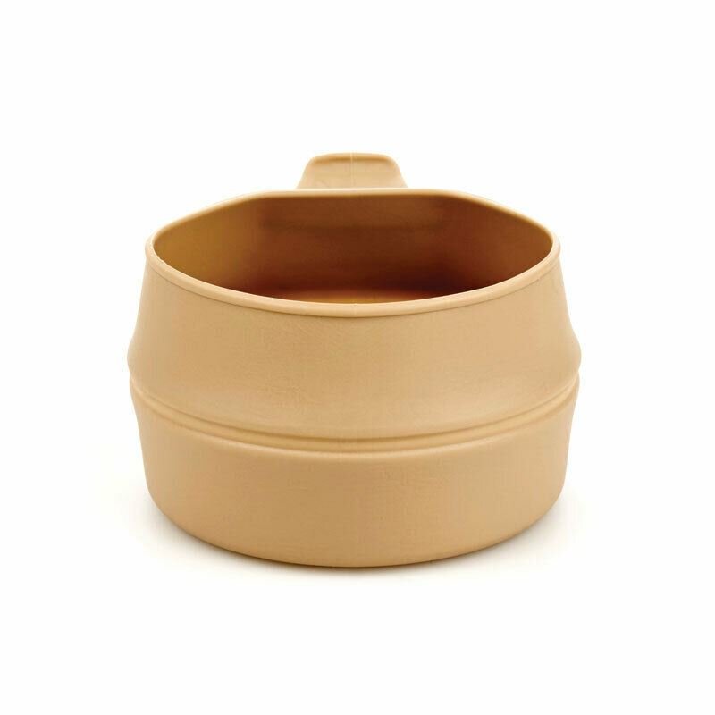 Wildo brand collapsible lightweight camping cup in tan color, foldable and portable for outdoor use.