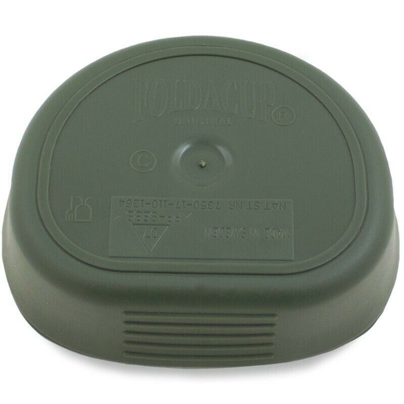 Folded genuine Wildo brand collapsible camping cup in olive green, compact and lightweight for outdoor use.