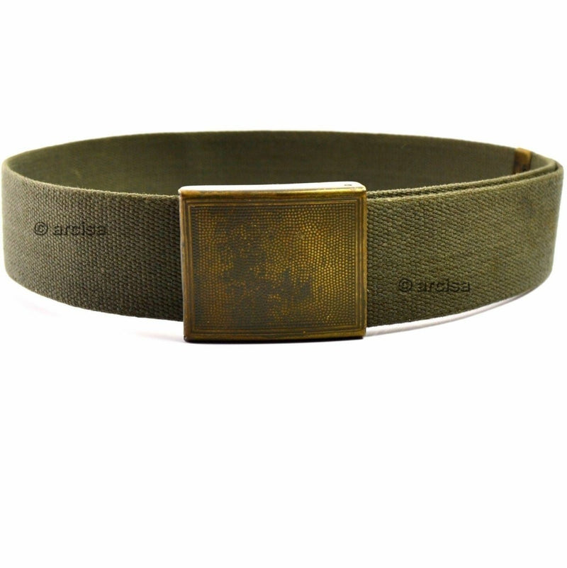Vintage German army olive green fabric belt with rectangular brass buckle, part of WWII Y-strap suspenders webbing set.