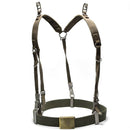 German army Y-strap suspenders with adjustable webbing, aluminum D-rings, metal clips, and brass buckle belt harness system