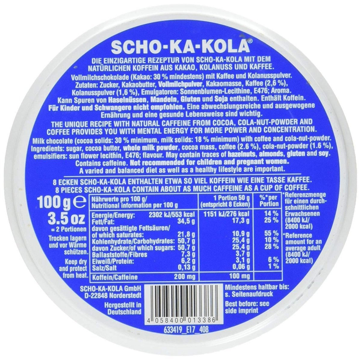 Tysk energi mjölkchoklad scho-ka-kola helmjölk 100 g tennburk blå