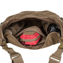 Open tan Helikon-Tex Bushcraft Satchel showing spacious interior with red pouch and side pockets for gear organization