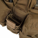 Close-up of brown Cordura Helikon-tex Guardian chest rig with MOLLE panel and cargo pockets for tactical use