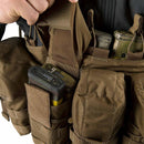 Close-up of Helikon-tex Guardian chest rig vest in brown Cordura with multiple magazine pouches and MOLLE panel