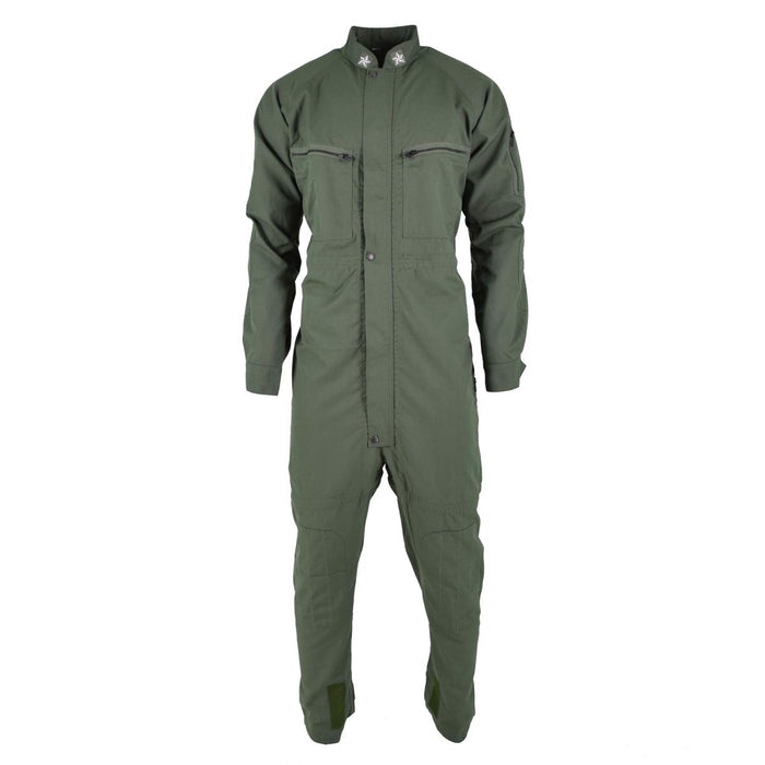 Olivgrön italiensk army tanker overall jumpsuit militärt överskott med dragkedjeförsedda bröstfickor och design med hög krage