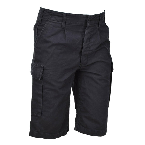Black knee-length military bermuda shorts with cargo pockets, durable fabric, and adjustable waistband for outdoor use.