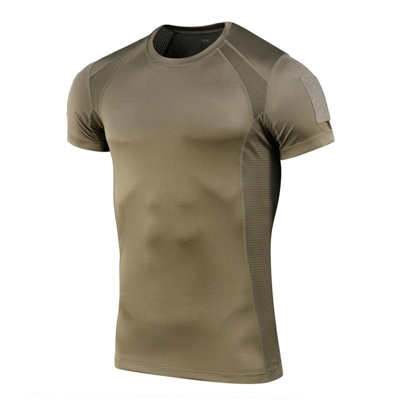 Olive green M-TAC military tactical t-shirt made of breathable, lightweight, stretch polyester fabric for comfort and durability