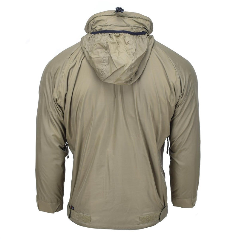 Back view of lightweight thermal anorak jacket with hood in olive drab green for outdoor sports.