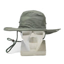 Olive green military style wide brim boonie hat with adjustable chin strap on a white mannequin head.