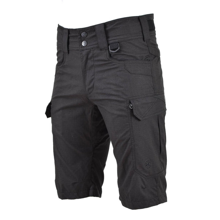 Svarta bermudashorts i militärstil med cargofickor, D-ring i plast och justerbar midja i slitstark ripstop-bomull.