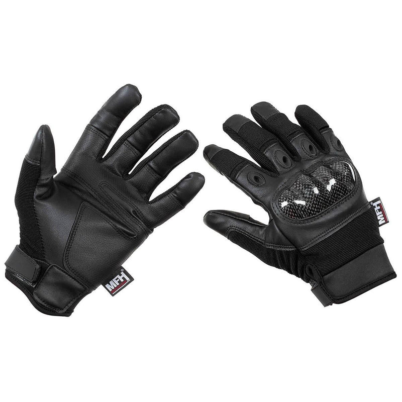Black MFH tactical gloves with knuckle protectors and adjustable wrist straps for shooting and outdoor use