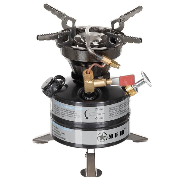 Compact MFH petrol hiking stove with fold-out legs and integrated fuel tank for efficient outdoor cooking.