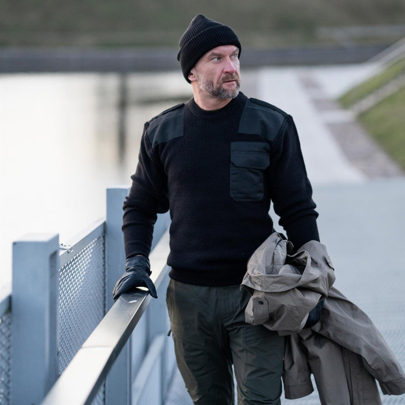 MFH Brand tröja Commando Jumper Rib Knit ull förstärda pullover svart ny