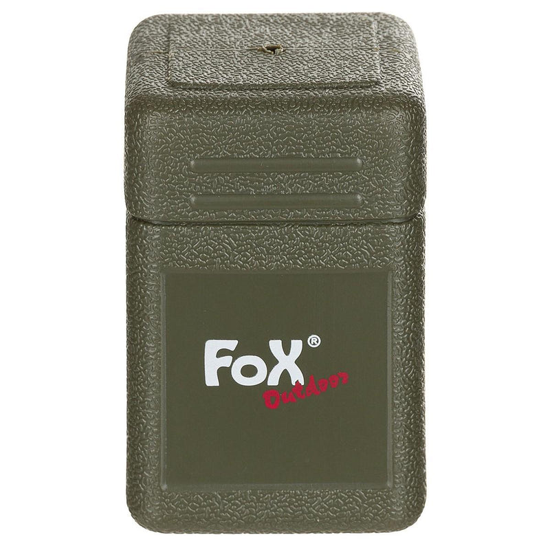 Compact olive green textured plastic case with Fox Outdoor logo for camping gas burner stove storage