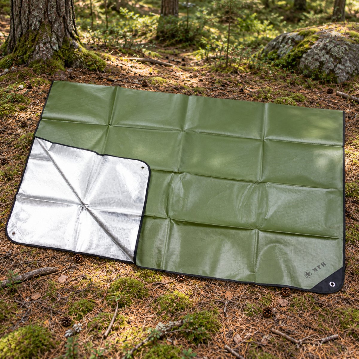 MFH Emergency Tarp 210 x 150 cm Aluminiumbelagd campingunderlag OD Grön