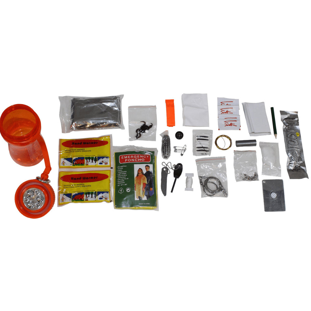 MFH Extreme 34 Part Survival Kit Camping Vattentät Box Orange Transparent