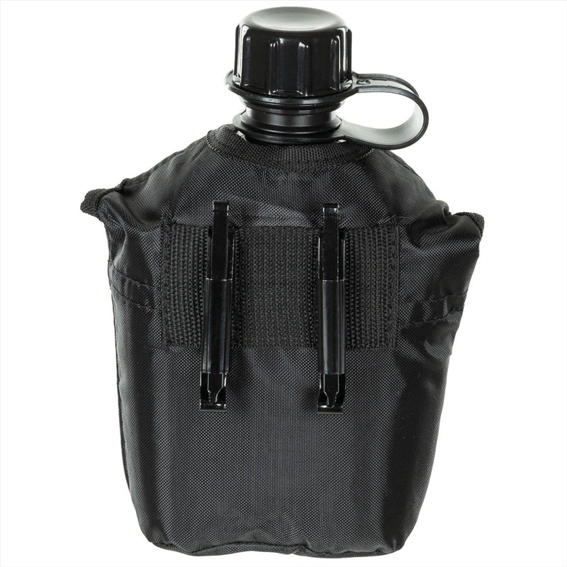 MFH U.S. Military Plastic Canteen 1L Skruvmössa Klipp Bilaga BPA gratis svart