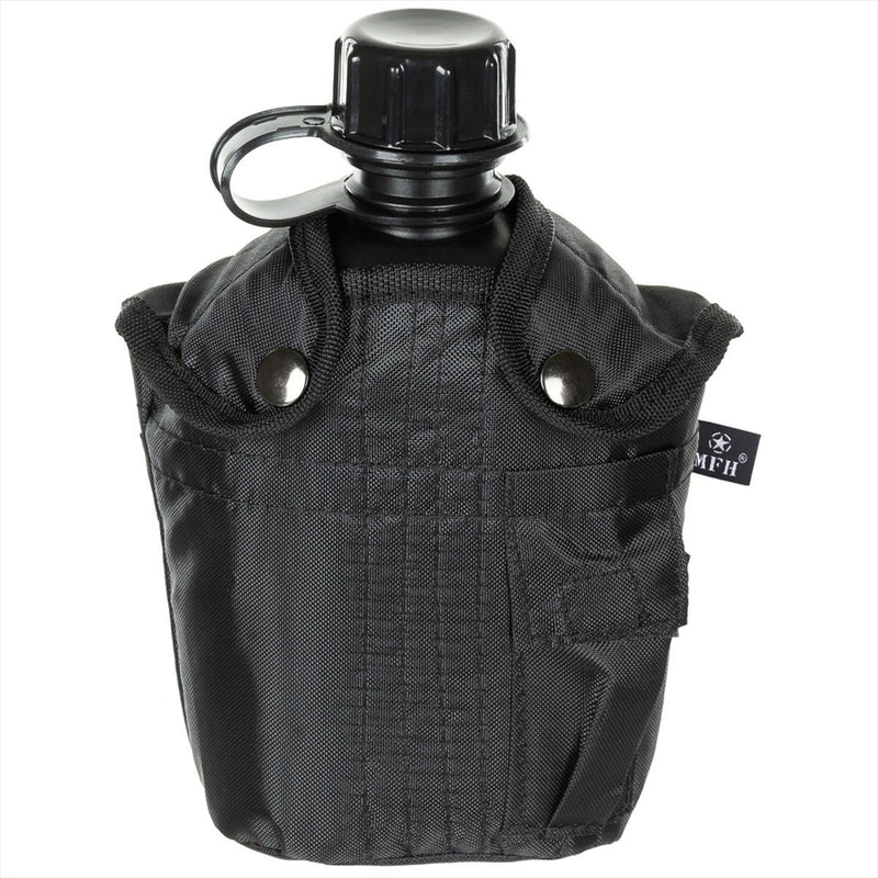 MFH U.S. Military Plastic Canteen 1L Skruvmössa Klipp Bilaga BPA gratis svart