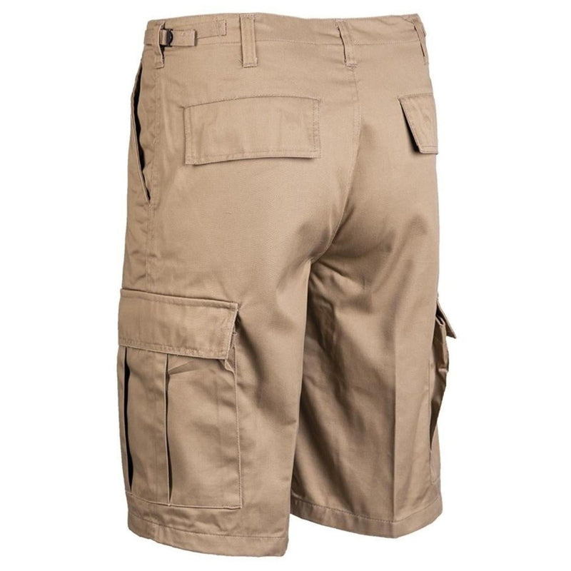 Khaki Mil-Tec army style bermuda cargo shorts with multiple pockets, durable fabric, and relaxed fit for outdoor use.