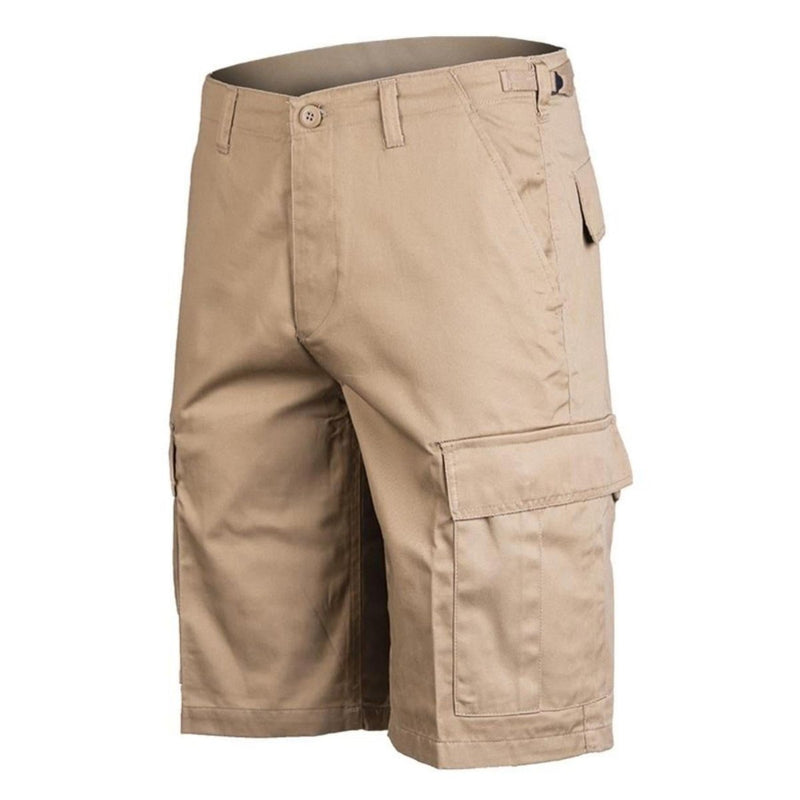 Khaki Mil-Tec Army Style bermuda cargo shorts with multiple pockets and durable fabric for outdoor activities.