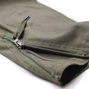 Close-up of olive green Mil-Tec coverall sleeve featuring a sturdy zipper and durable fabric stitching