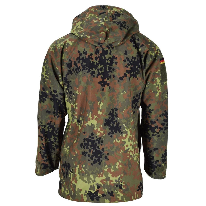 Back view of Mil-Tec German army field jacket in GoreTex Flecktarn camo, waterproof with hood and detailed sleeve patch.