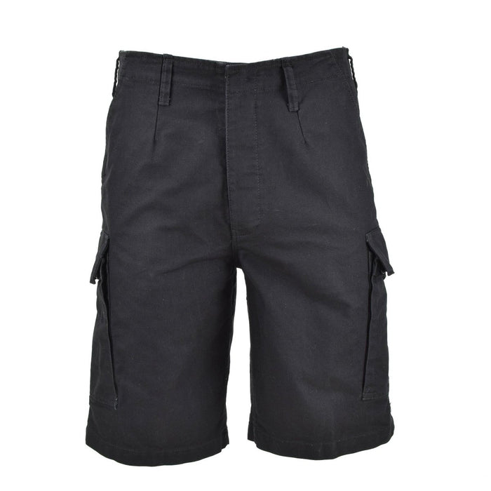 Svarta förtvättade bermudashorts i molskinn med cargofickor, inspirerade av tysk arméstil för robust hållbarhet.