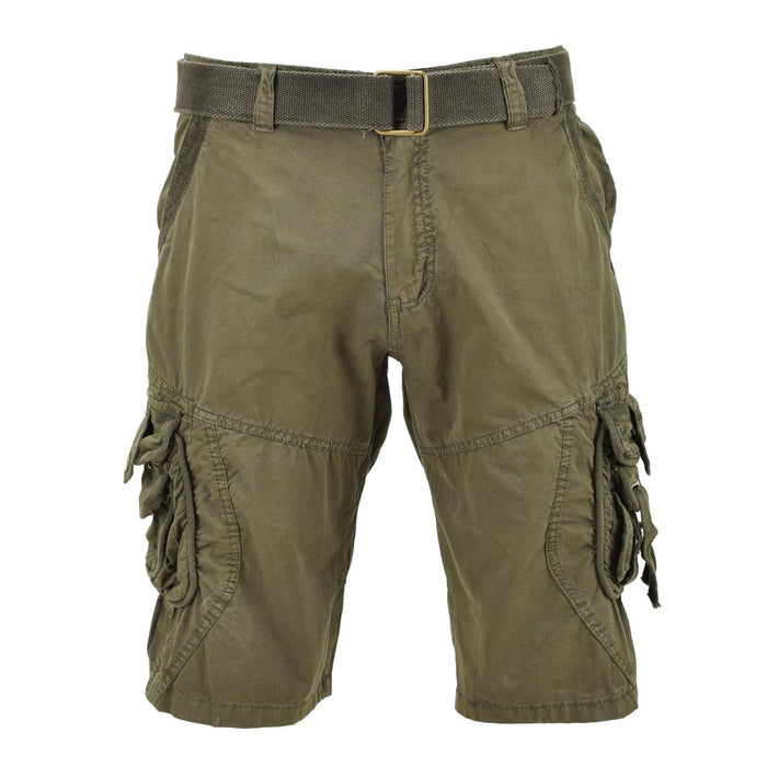 Mil-Tec förtvättade olivshorts i vintagestil med bälte och säkra lastfickor för tuff utomhusbruk.