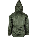 Back view of olive green Mil-Tec waterproof men's jacket with adjustable hood and elastic cuffs.