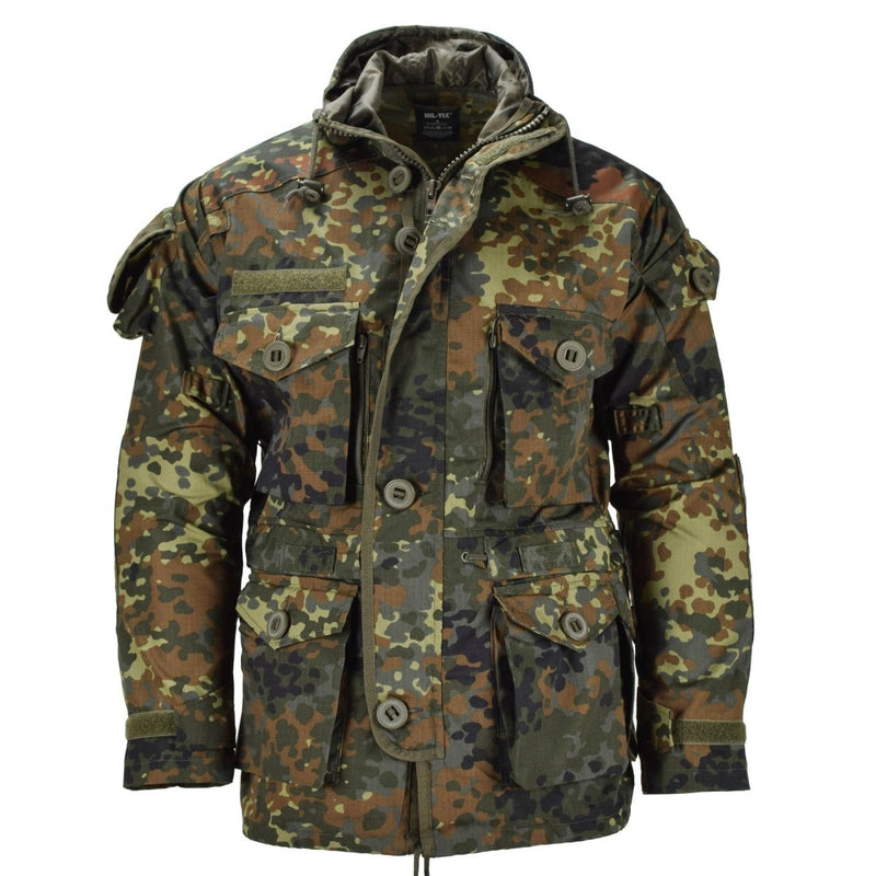 Men's Mil-Tec Flecktarn camo RipStop jacket with multiple pockets, zipper, and durable polycotton blend fabric.